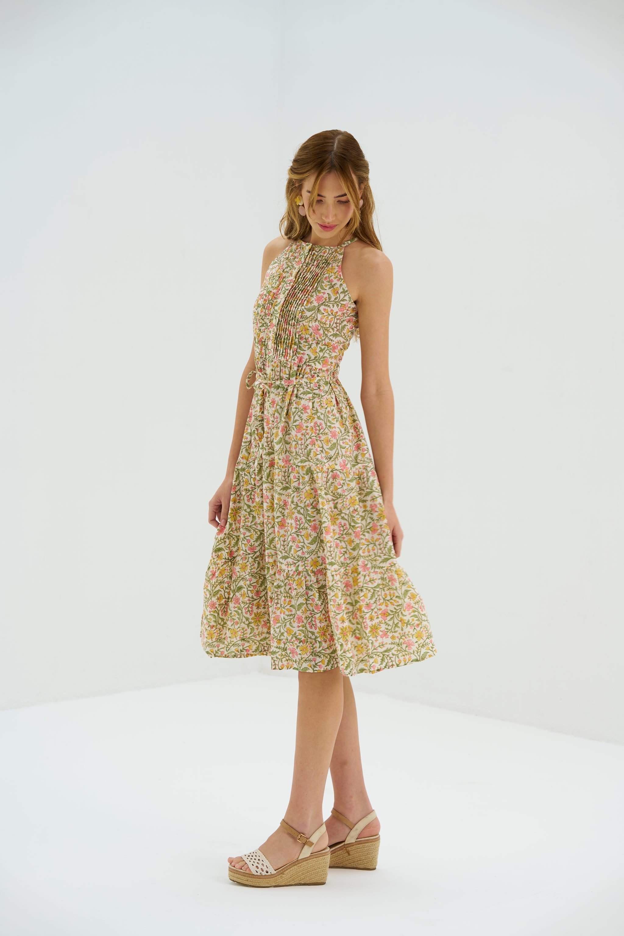 Strappy Maxi Dress – Chloe Handblock Printed Three-Tier Floral Cotton Dress with Waist Belt and Flattering Neckline for Elegant Summer Style