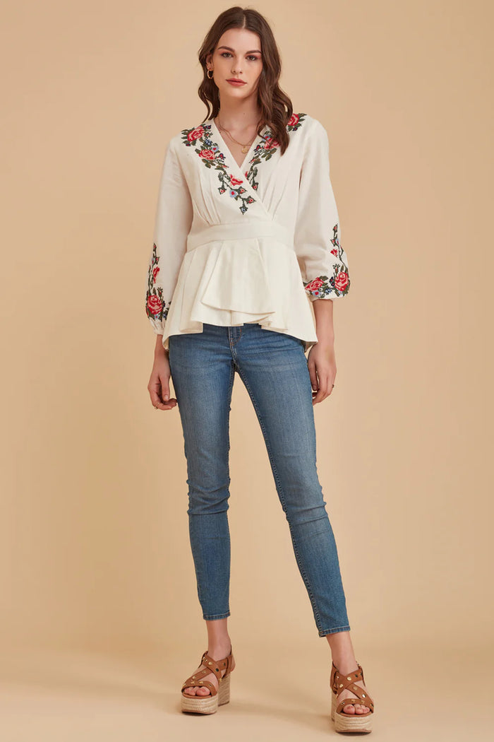 Embroidered Peplum Top, blouse, front