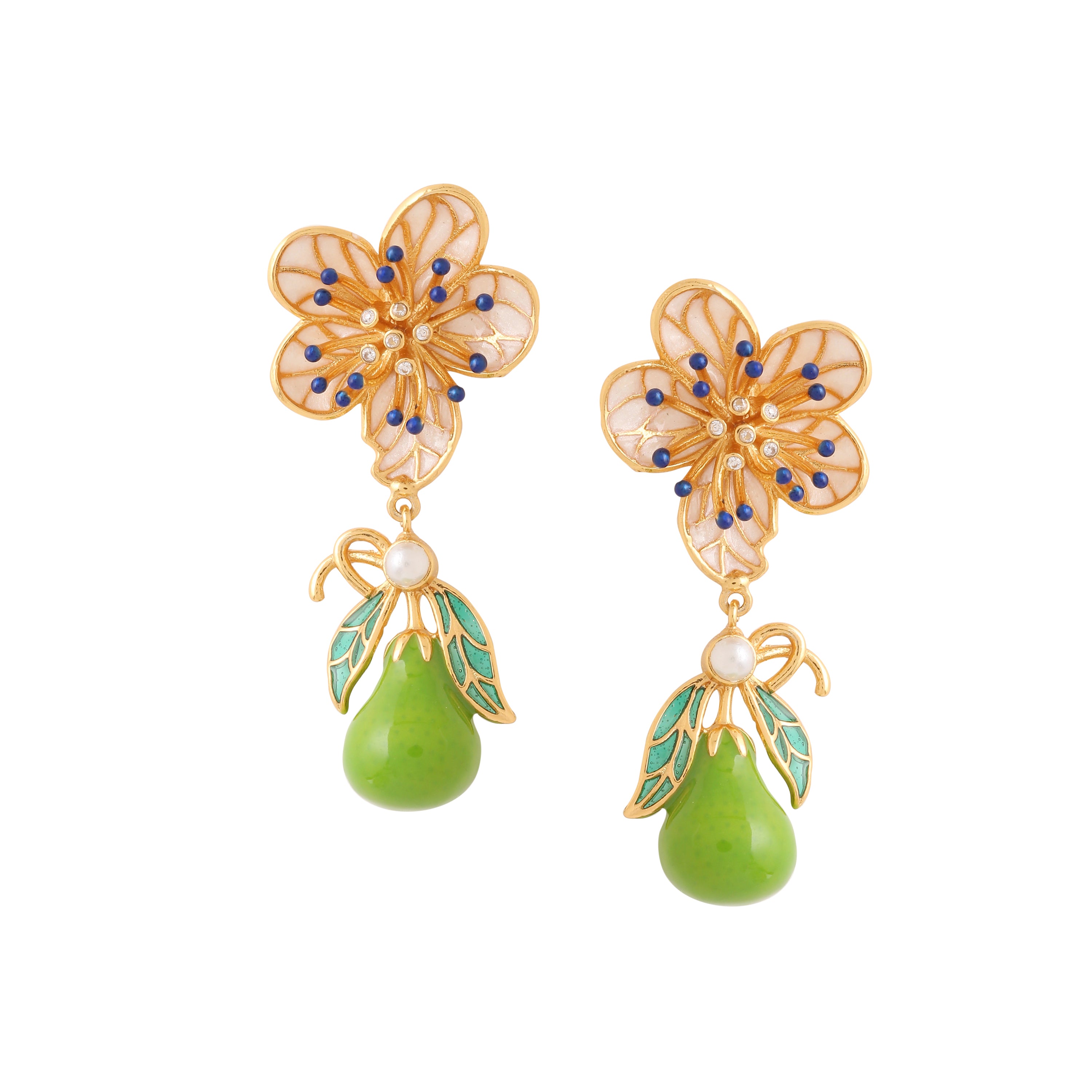 Garden Pear Earrings_Pear Blossom Studs with enamelled Pear drop earrings