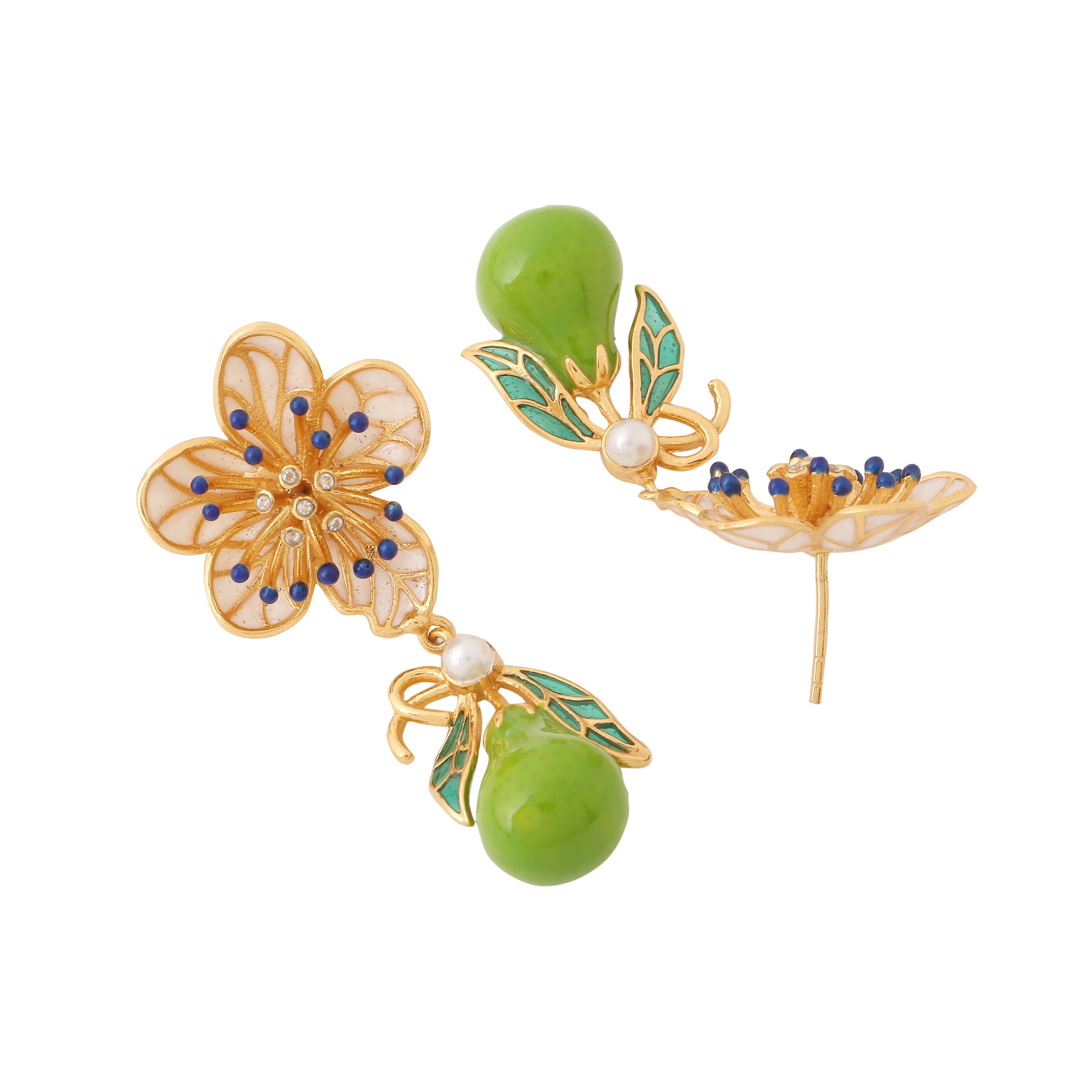 Garden Pear Earrings_Pear Blossom Studs with enamelled Pear drop earrings_side view