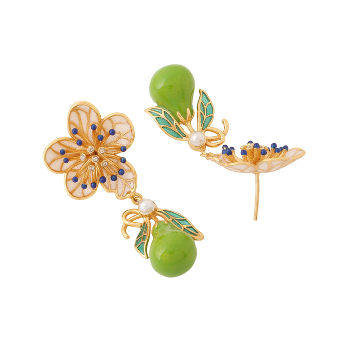 Garden Pear Earrings_Pear Blossom Studs with enamelled Pear drop earrings_side view