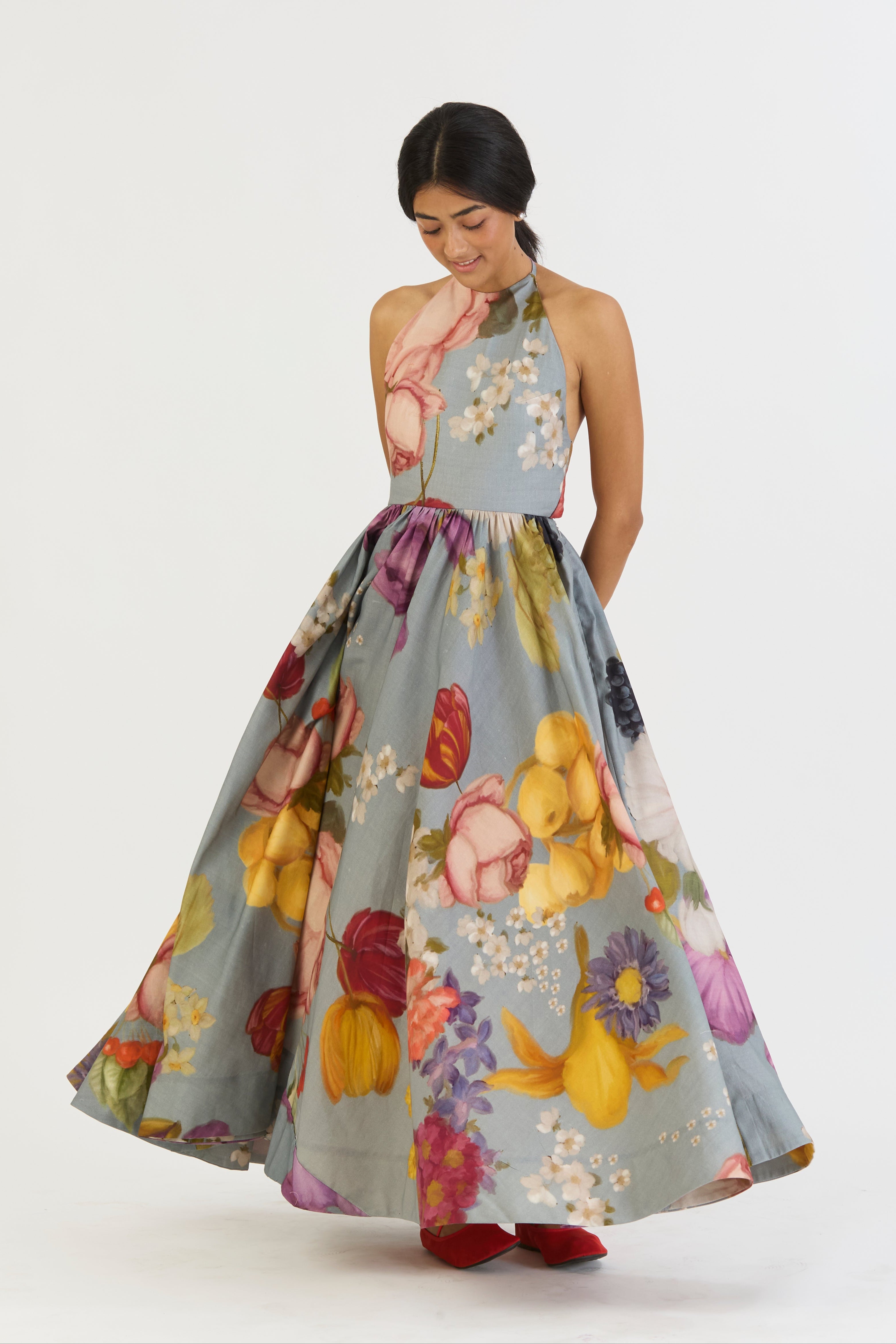 Indigo Rose Halter Neck Dress, womens floral dress, front flair