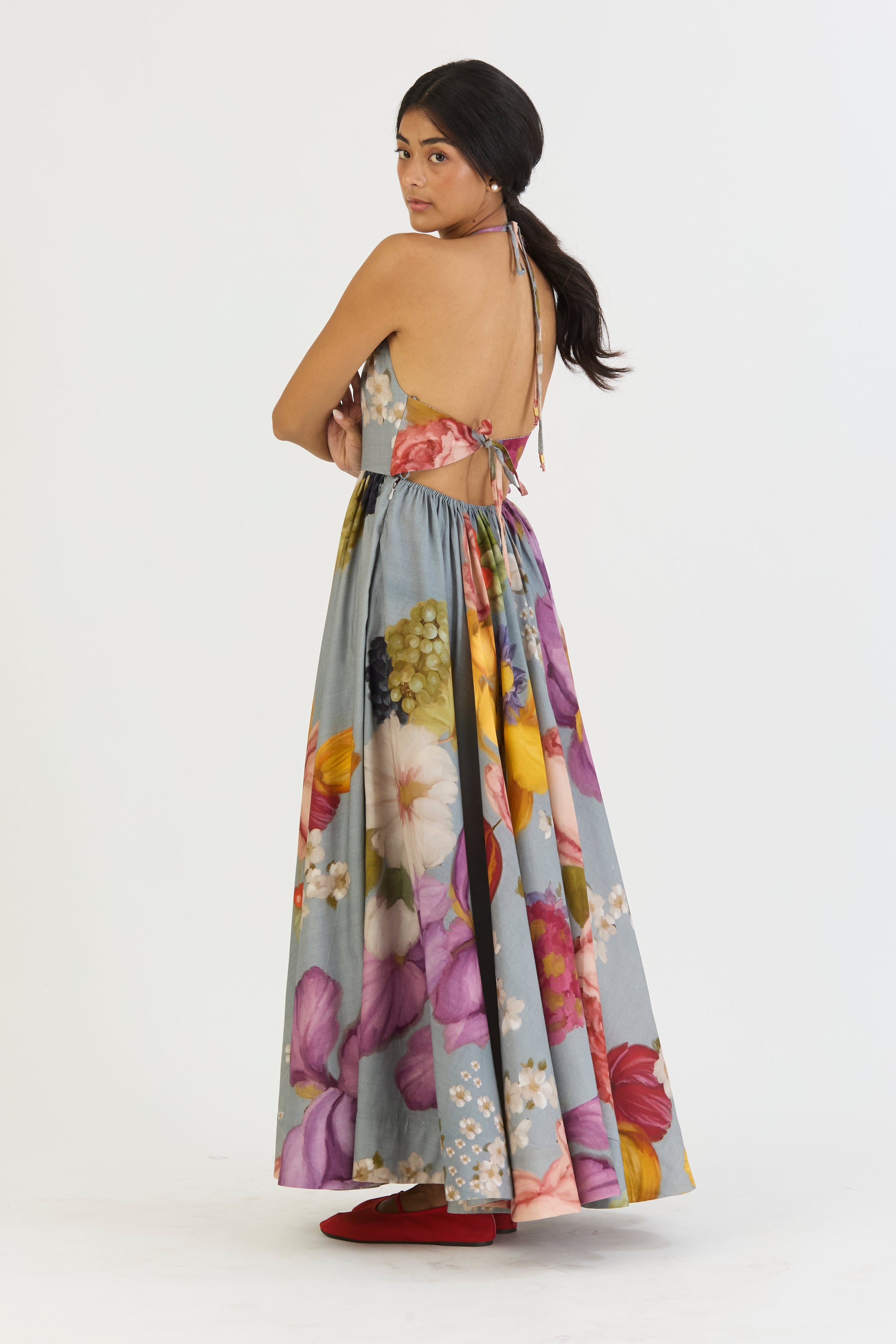 Indigo Rose Halter Neck Dress, womens floral dress, left side back