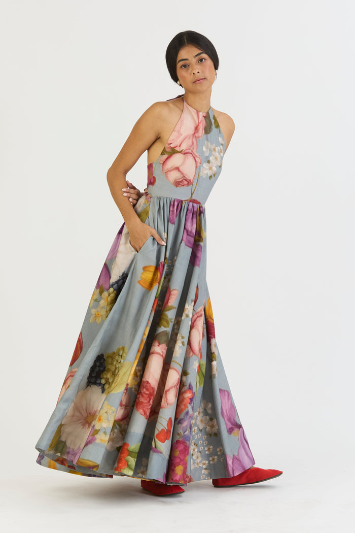 Indigo Rose Halter Neck Dress, womens floral dress, right side