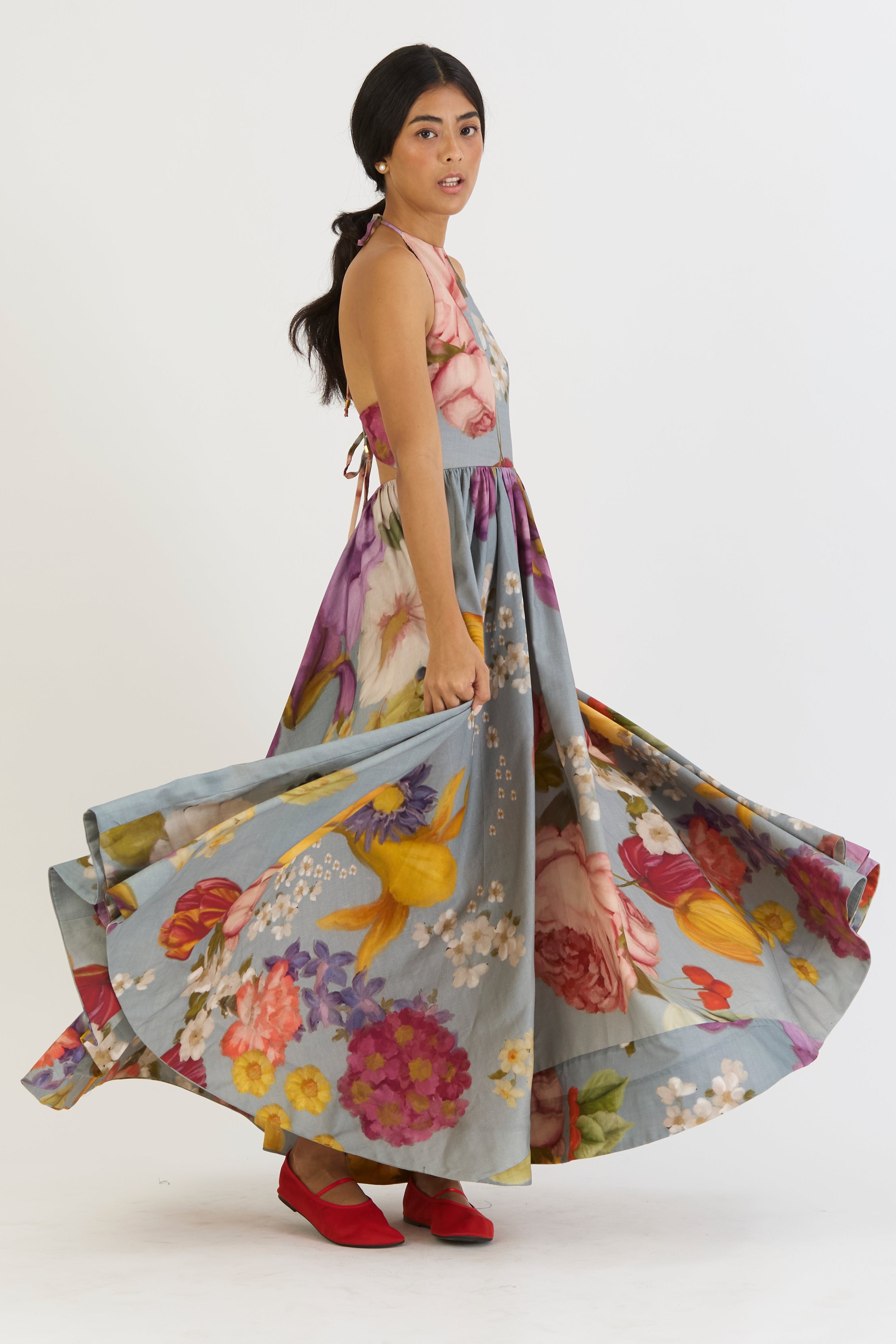 Indigo Rose Halter Neck Dress, womens floral dress, right side fun