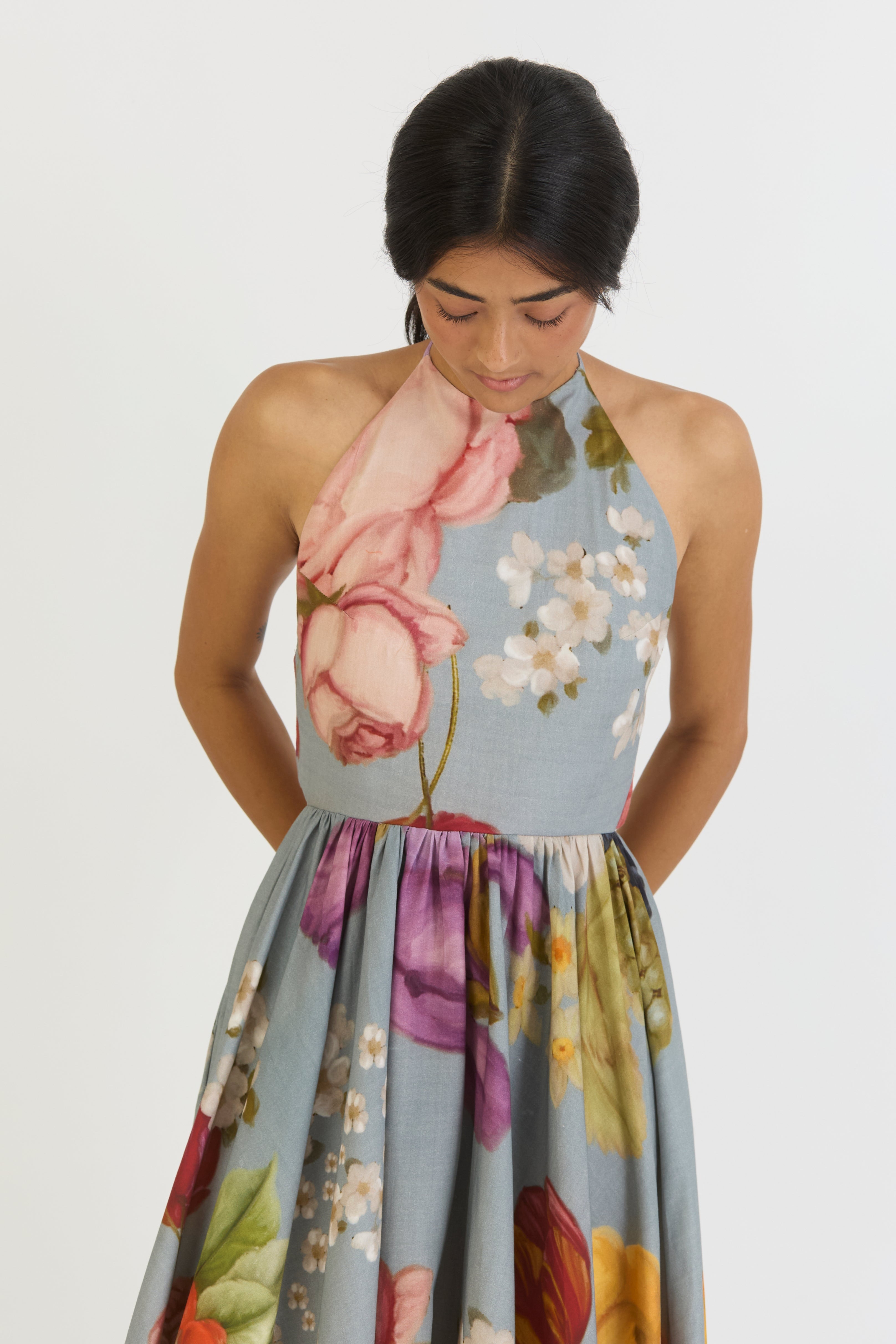 Indigo Rose Halter Neck Dress, womens floral dress,front close up