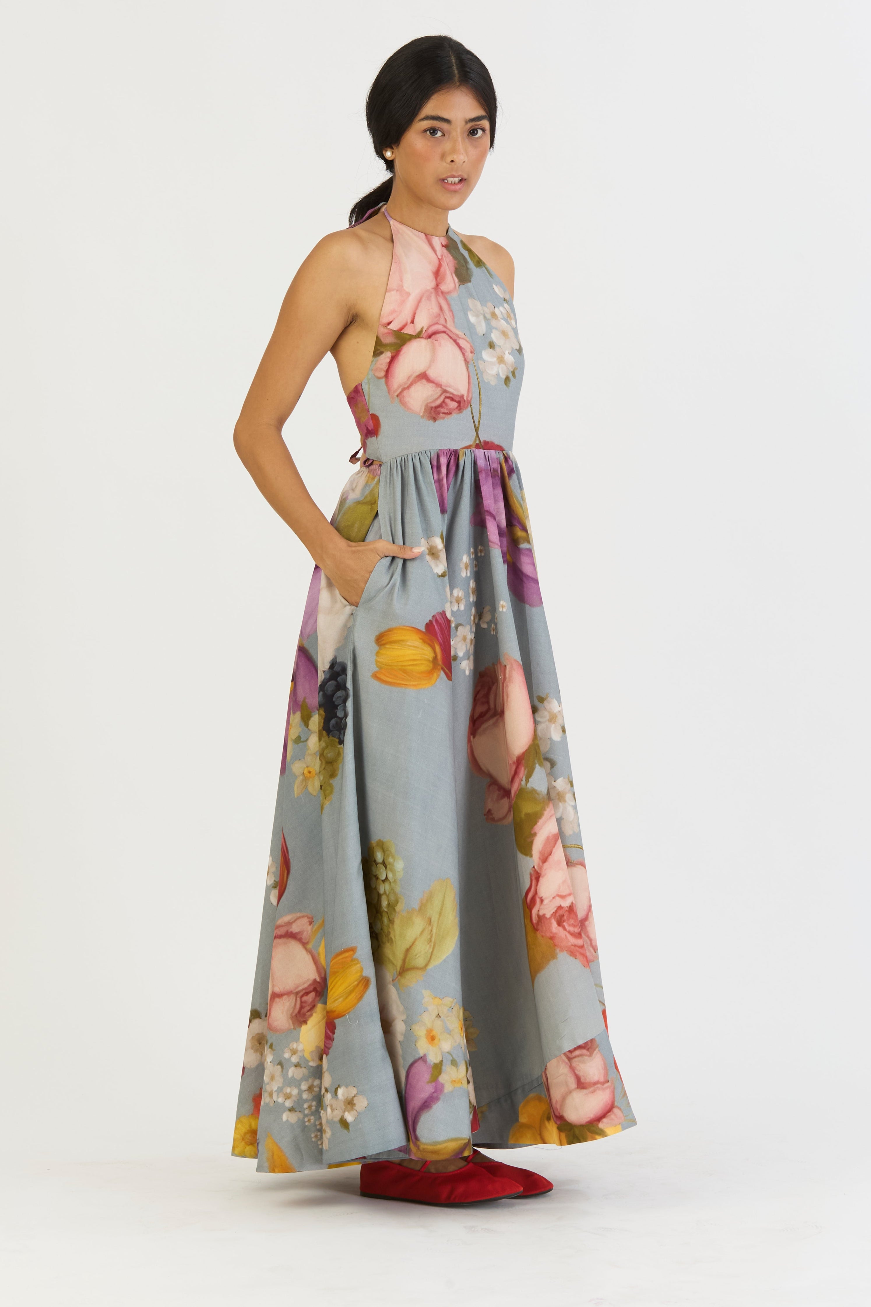 Indigo Rose Halter Neck Dress, womens floral dress, pocket