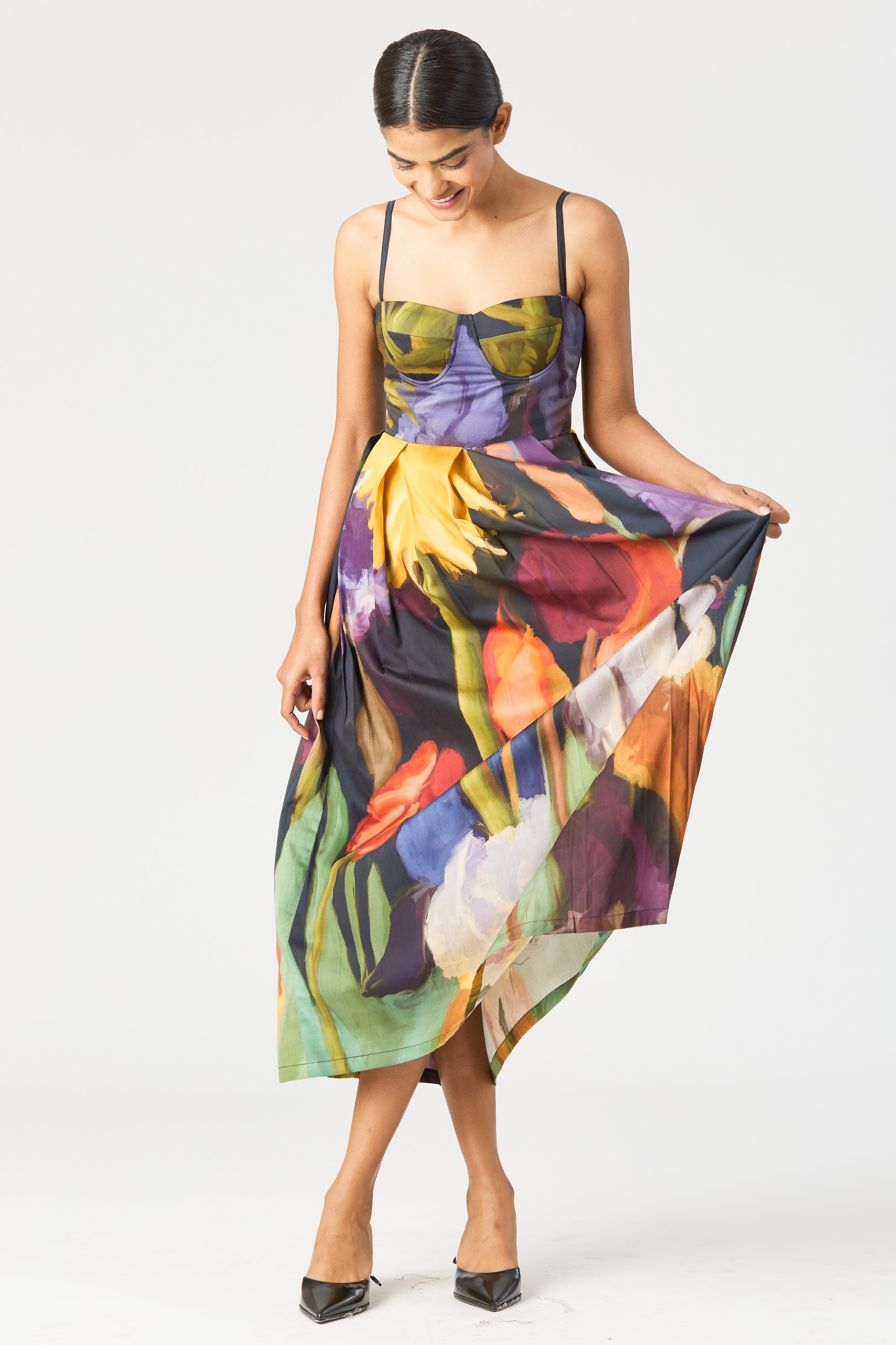 Ivy Bralette Dress, women's midi dress, print close up