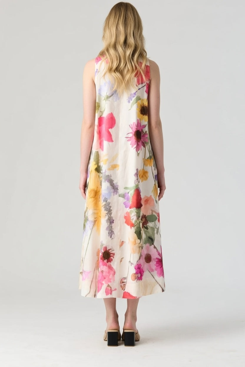 Maria Long Dress_Woman wearing a sleeveless floral midi dress 5