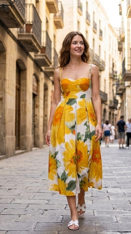 A woman wearing a floral bralette midi dress with oversized sunflowers, walking down a sunlit cobblestone street .