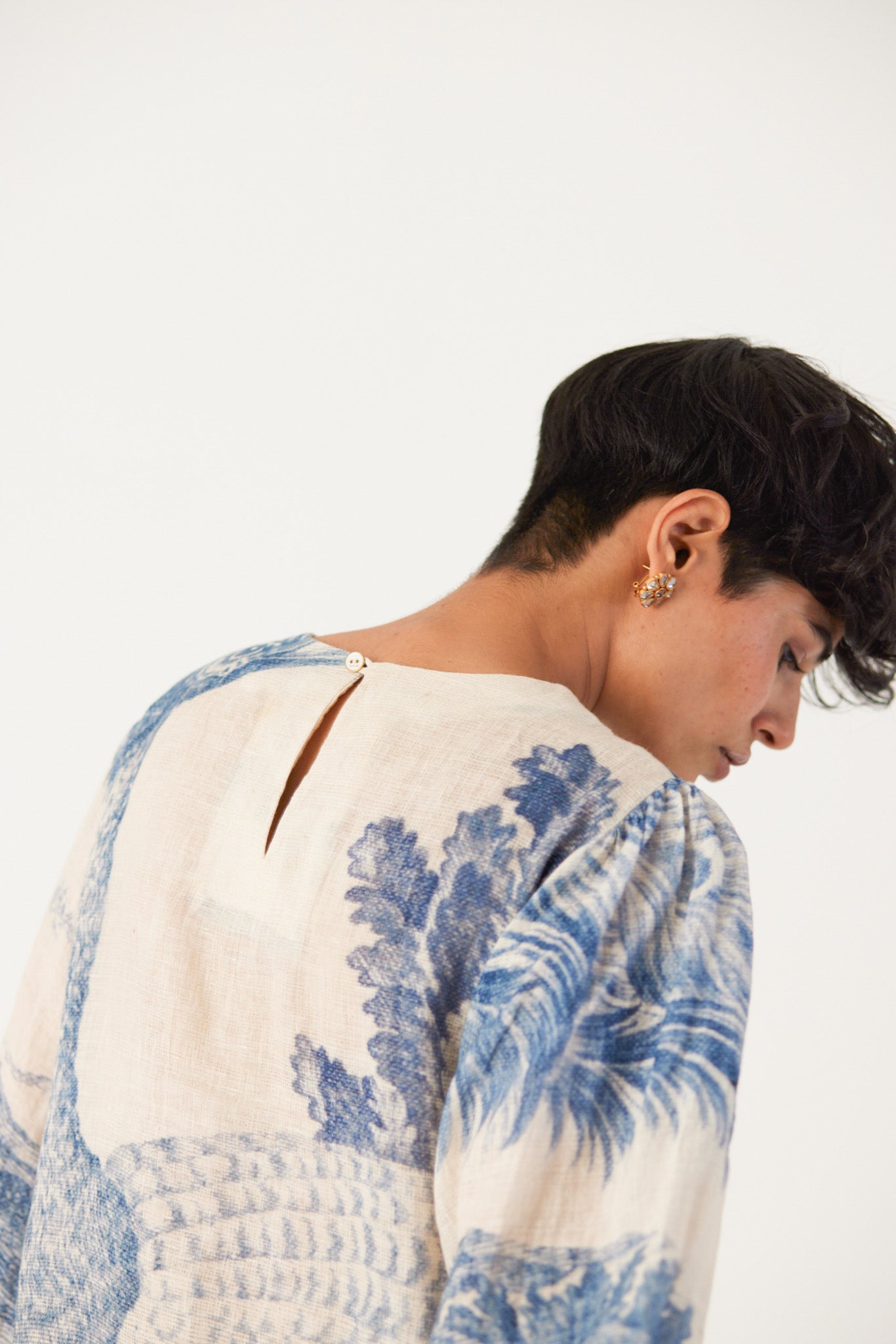 Morni Short Dress, womens mini linen dress, back button close up