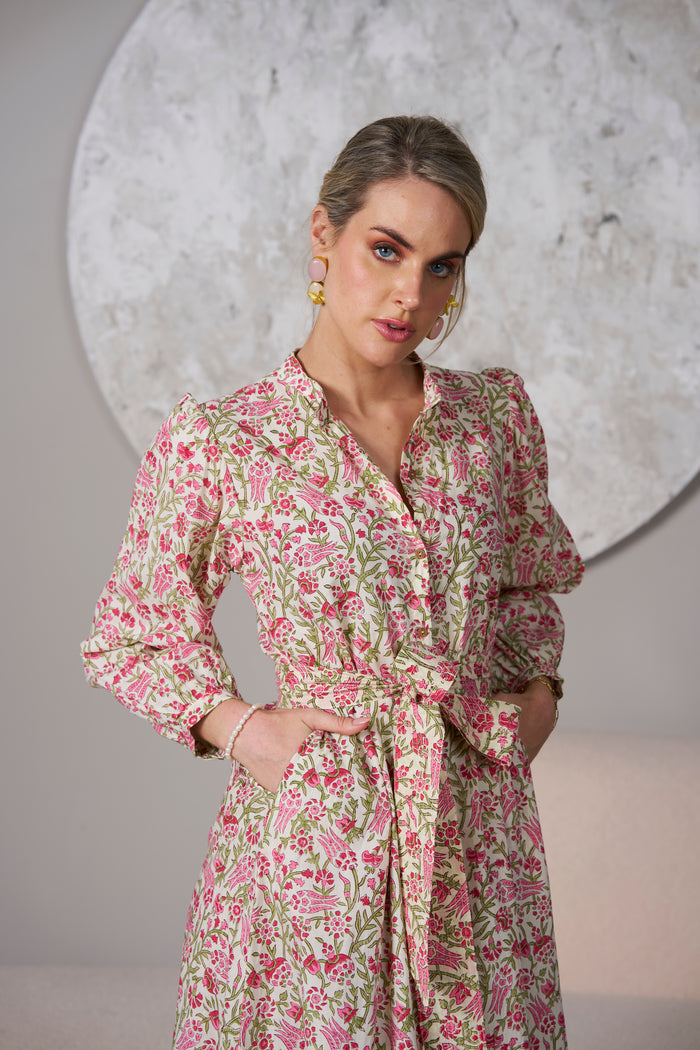 Pink Abbey Garden Dress,midi dress, front close up