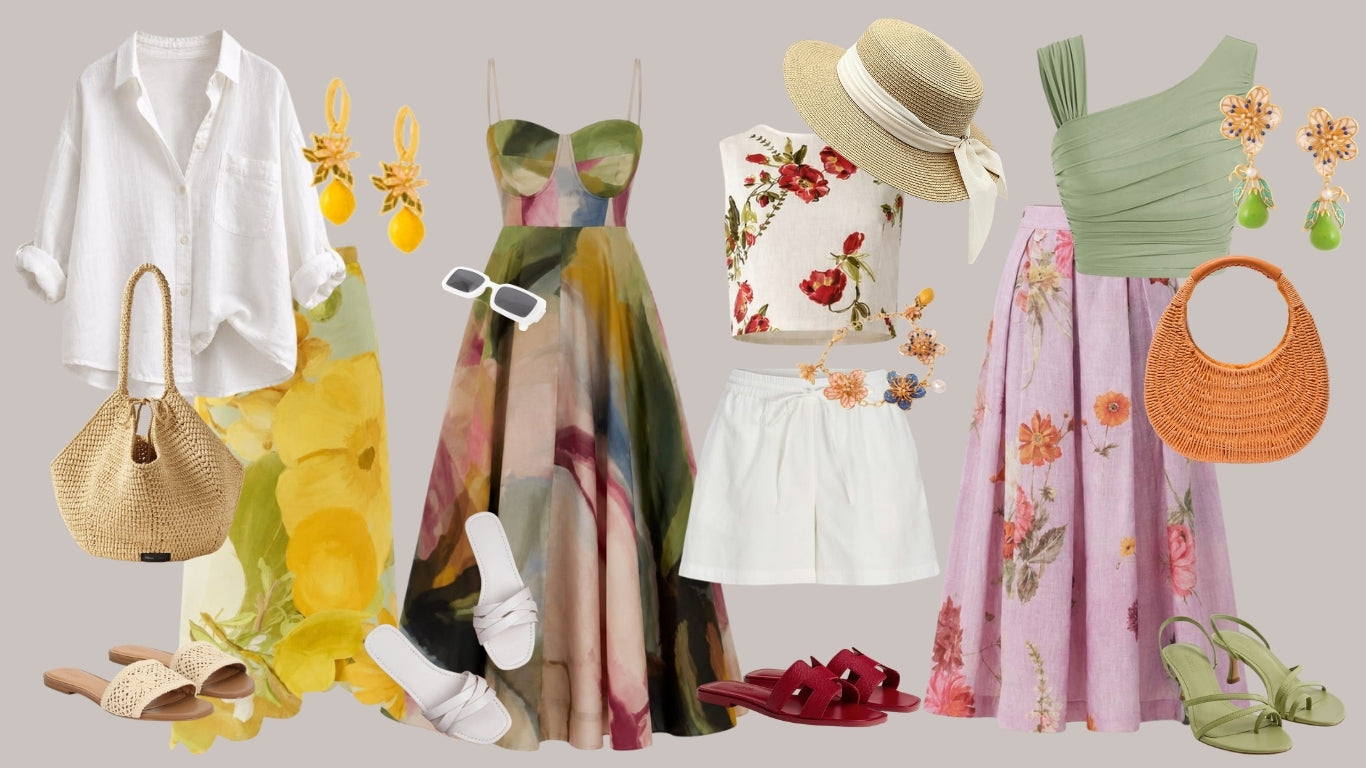 Positano-inspired fashion edit featuring dresses, co-ords, accessories, and jewelry from RAIN by Tintu Thomas