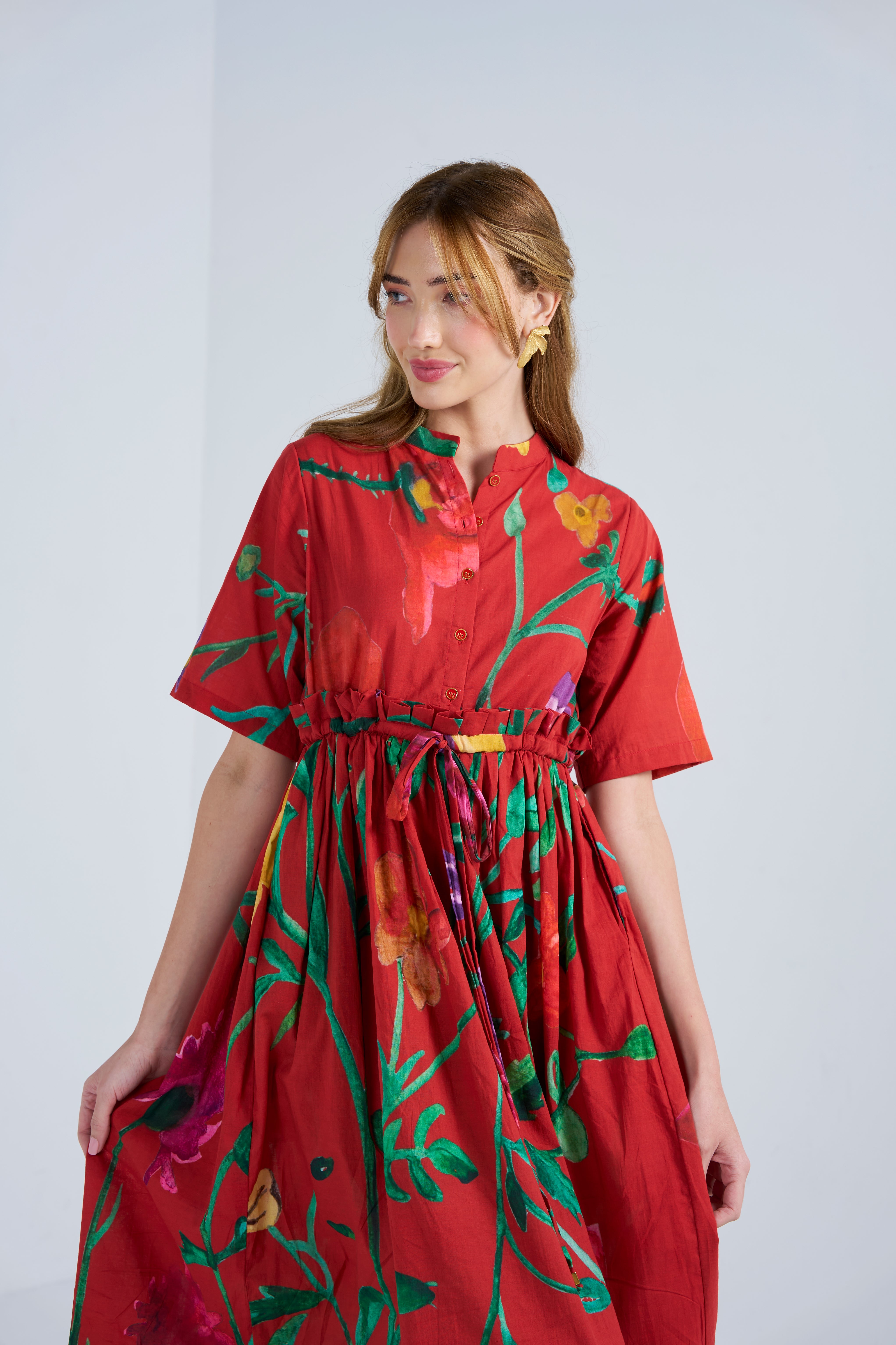 Scarlet Bloom Vine Midi Dress for Women