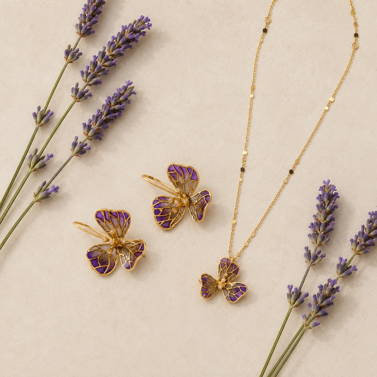 Tiny Fiore Earrings and Necklace - Amethyst