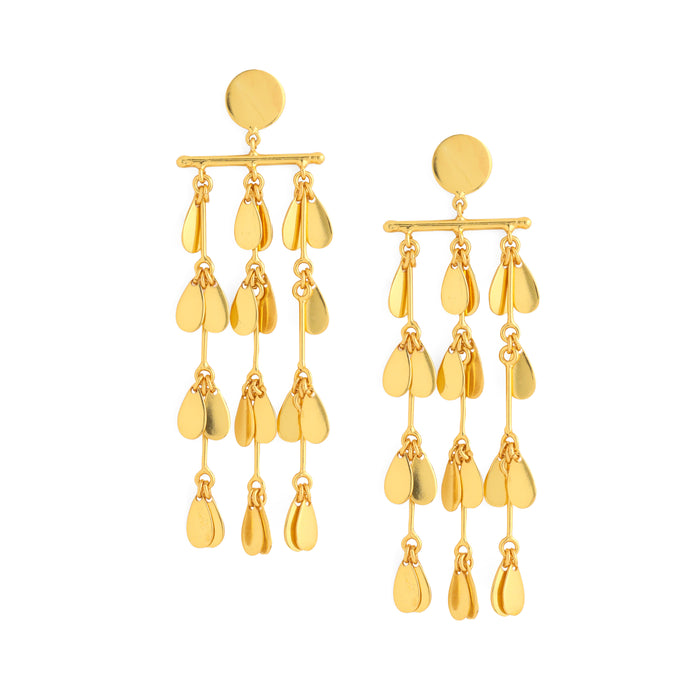 Rain Cascade Earrings_ 3.25" long teardrop Chandelier earrings made in brass and dipped in 22k gold