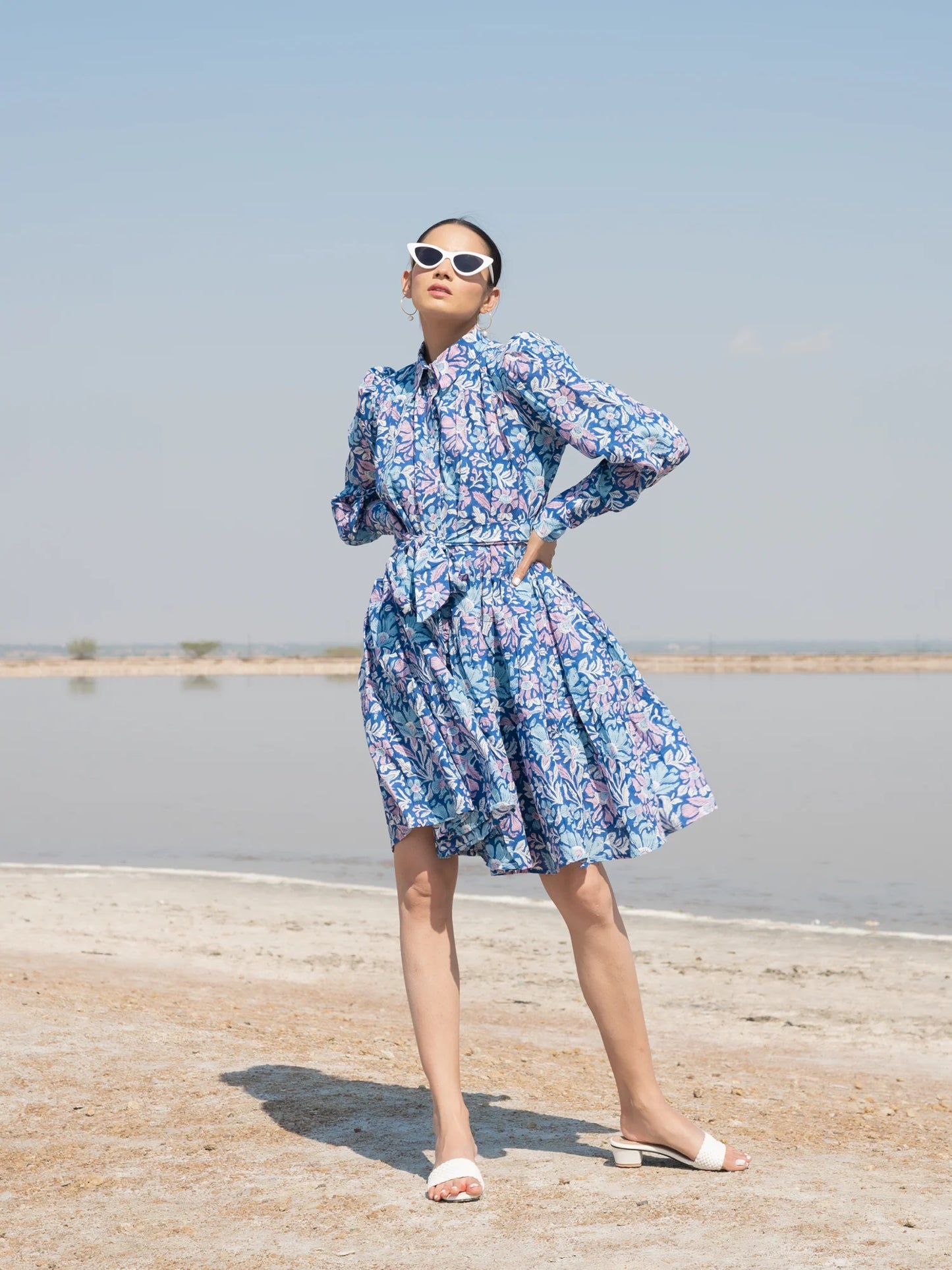Blue Short Tier Dress, dresses, sleeve detail with belt full front