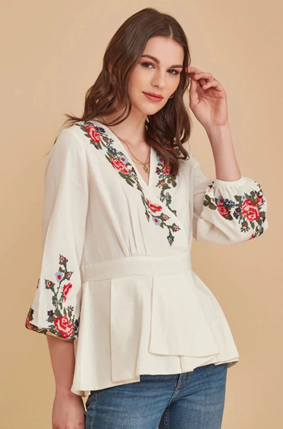 Embroidered Peplum Top, blouse, close up