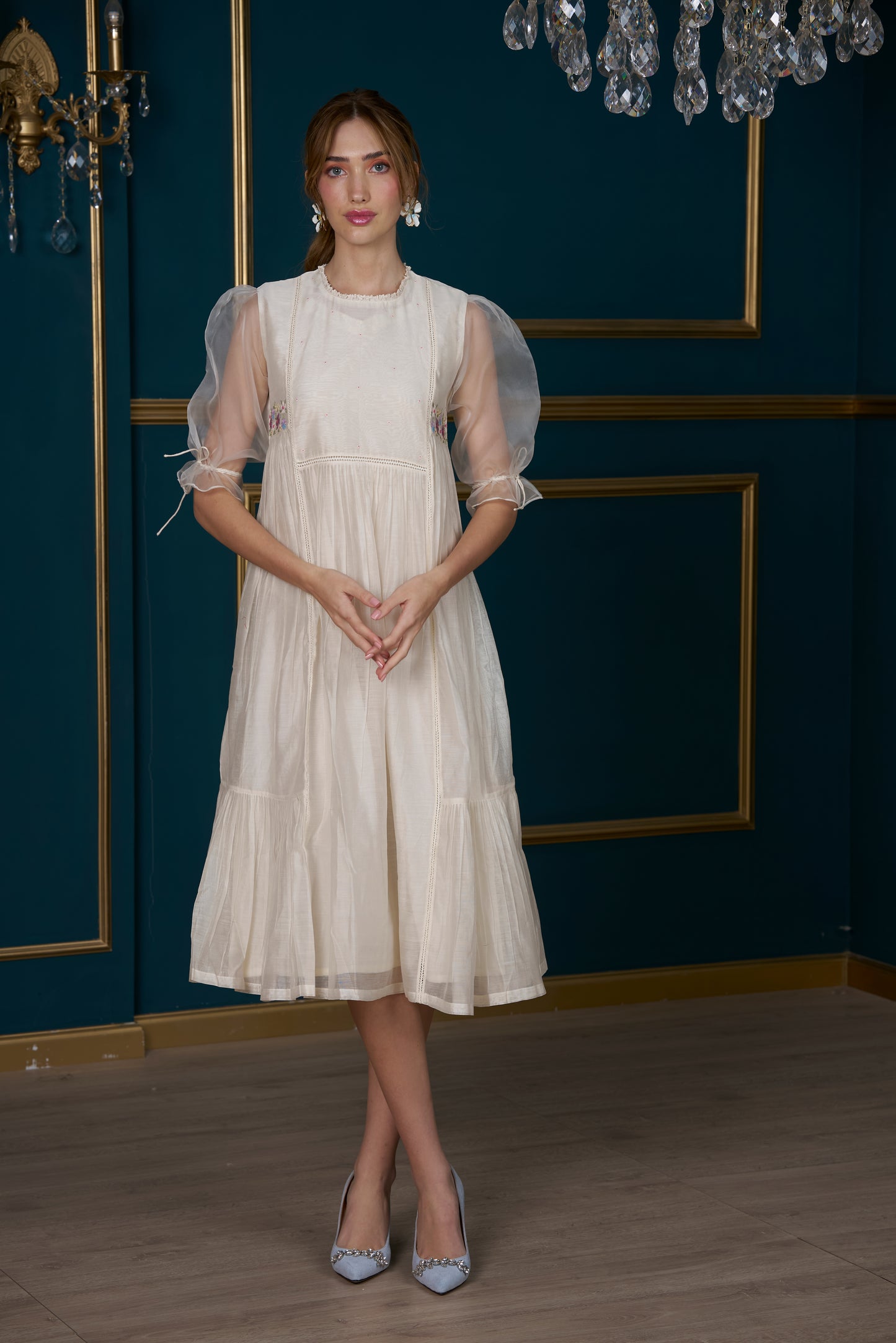 English Rose Embroidery Dress - Ivory, women's embroidery dress, front