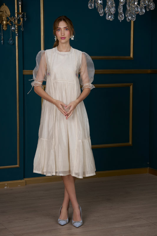English Rose Embroidery Dress - Ivory, women's embroidery dress, front