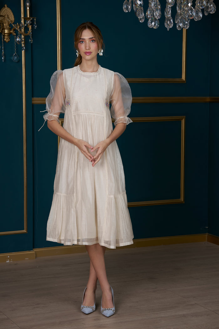 English Rose Embroidery Dress - Ivory, women's embroidery dress, front