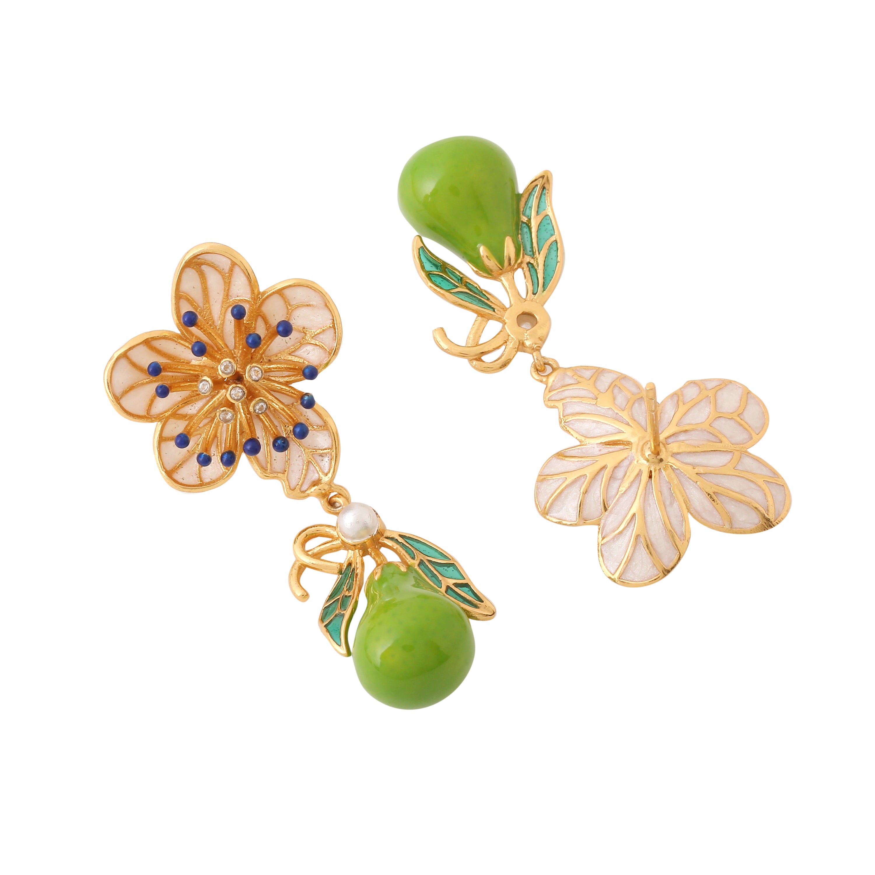Garden Pear Earrings_Pear Blossom Studs with enamelled Pear drop earrings_Closure view