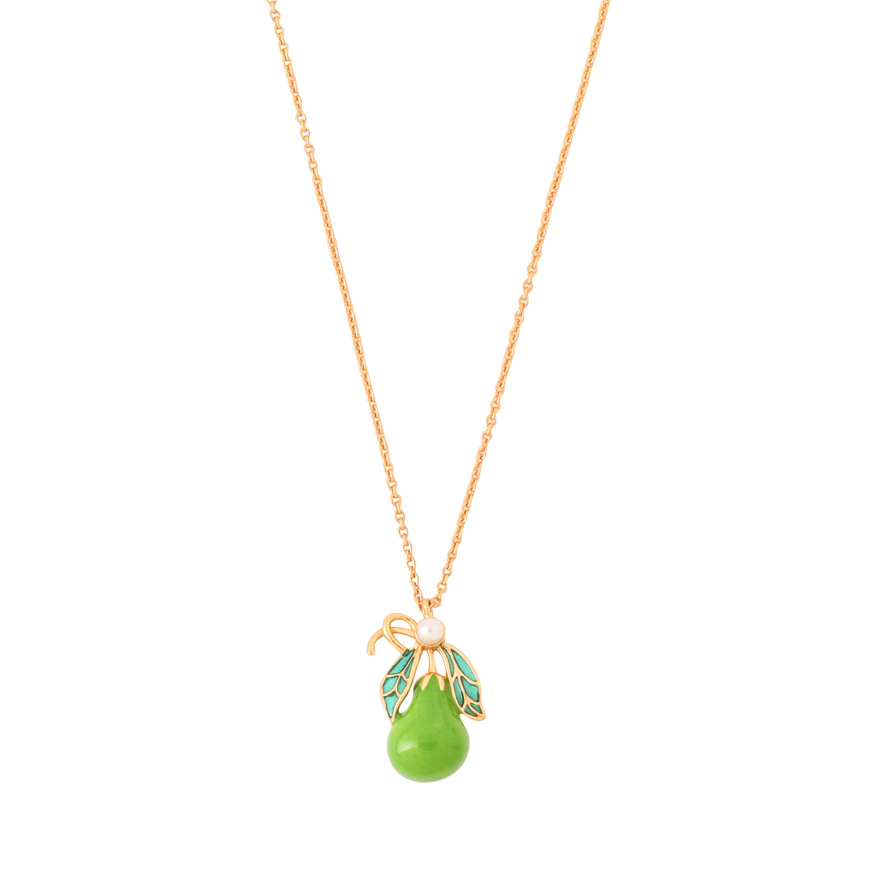 Garden Pear Necklace_Necklace with an enamelled pear pendant with faux pearl and gold chain on a white background
