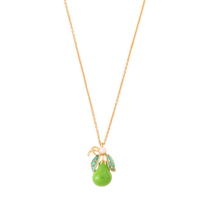 Garden pear necklace with pear drop pendant coated in enamel and gold link chain
