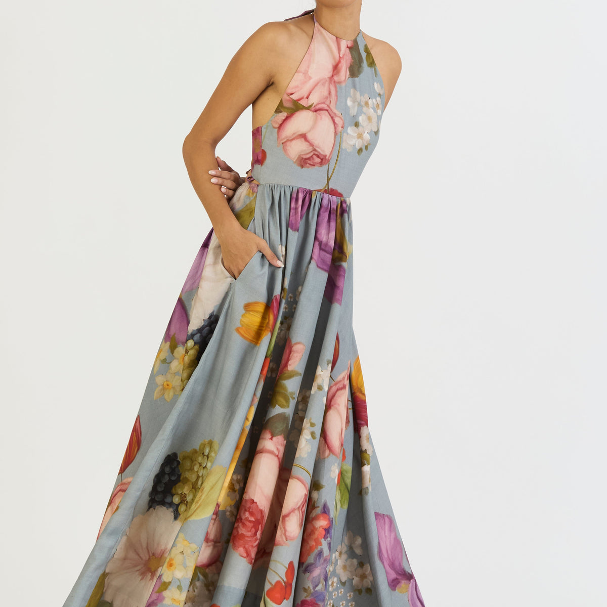 colorful halter dress Halter Neck Multicolor Print Gown with Open Back 42559