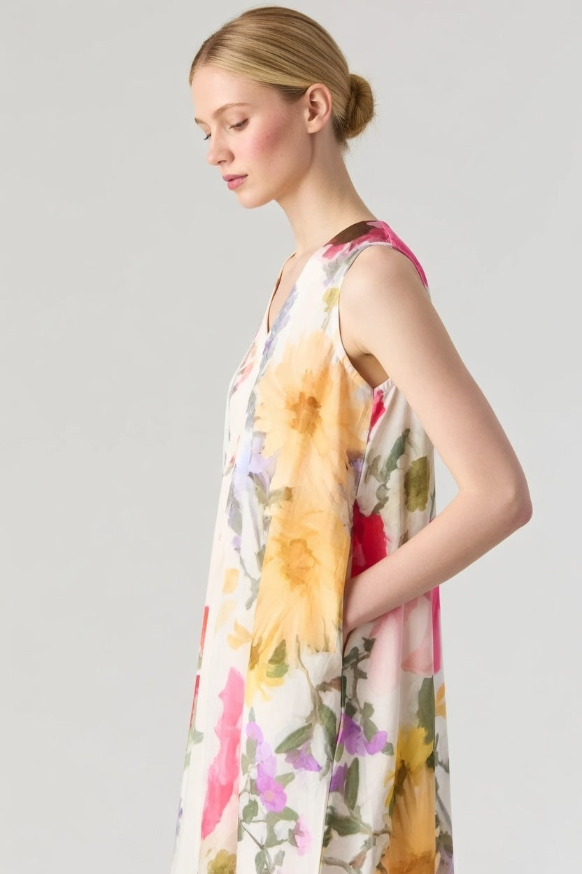 Maria Long Dress_Woman wearing a sleeveless floral midi dress 3