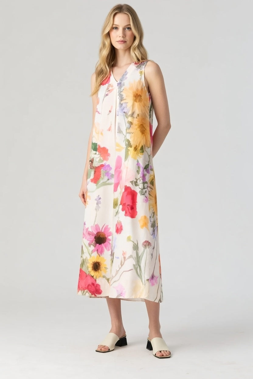 Maria Long Dress_Woman wearing a sleeveless floral midi dress 14
