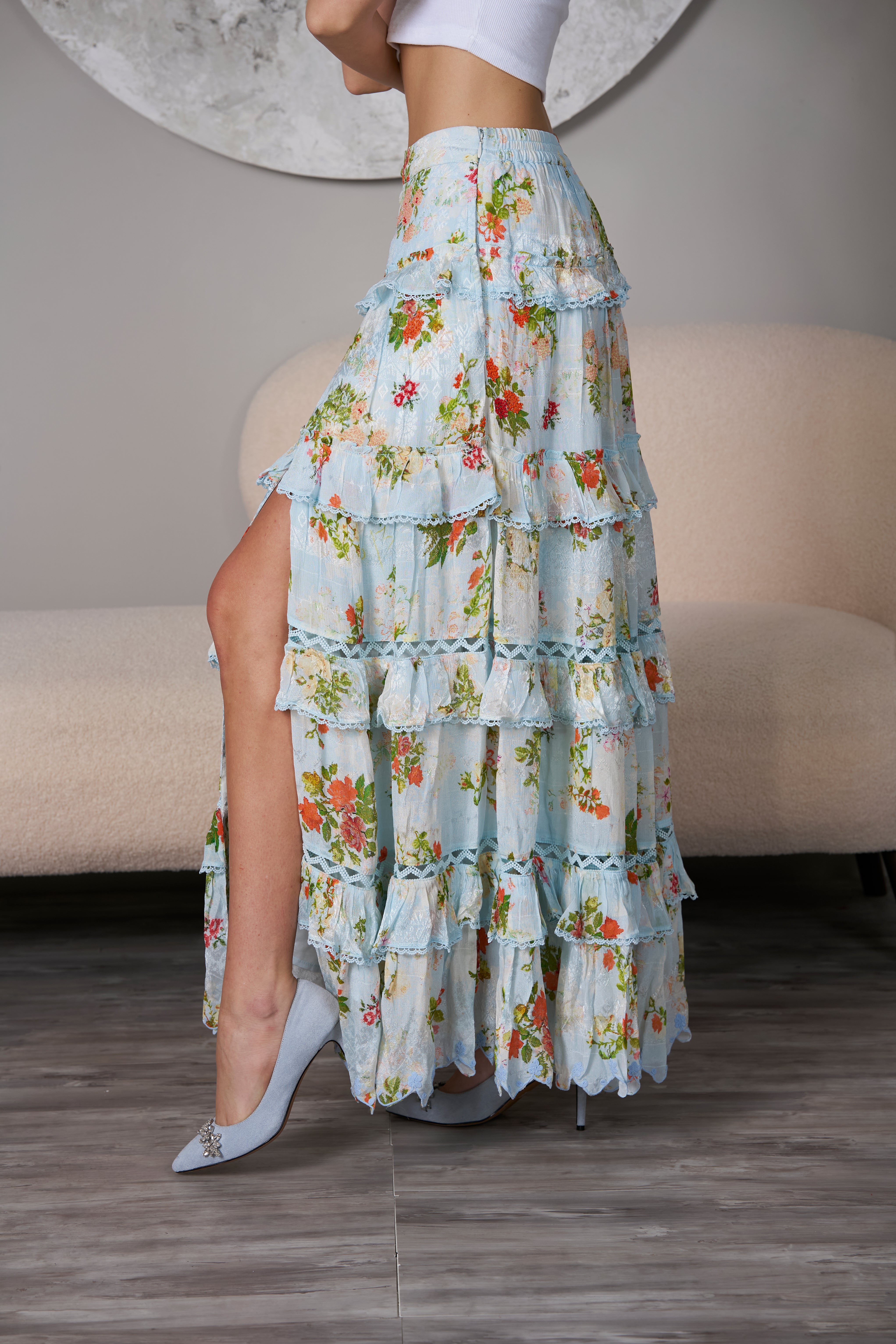 Ocean Long Skirt, maxi skirt, resort wear, side slit  closeup