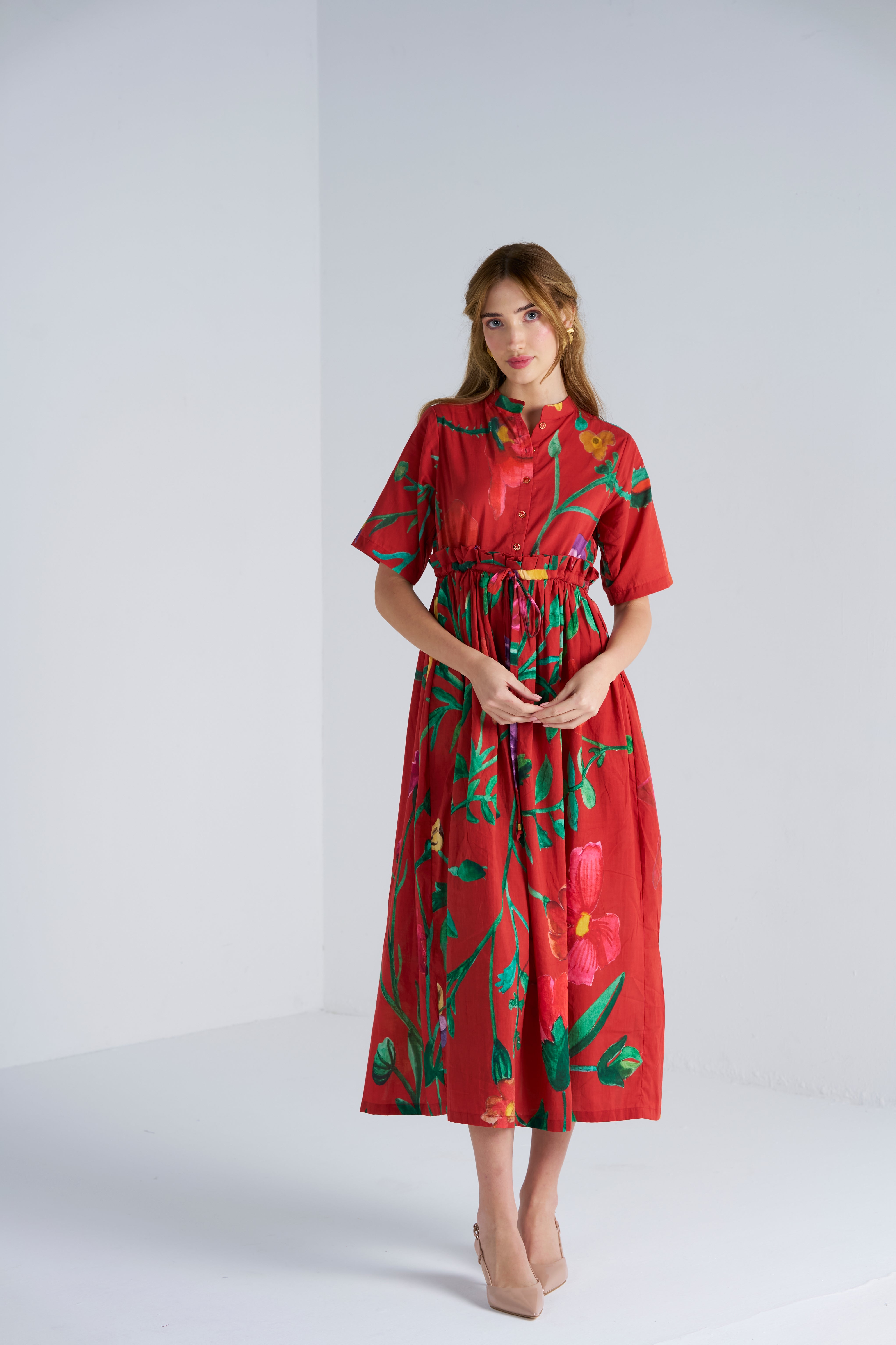 Scarlet Bloom Vine Midi Dress for Women