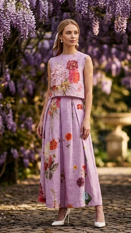 Woman wearing the Giggle Berry Linen Top & Skirt Set beneath blooming purple flowers
