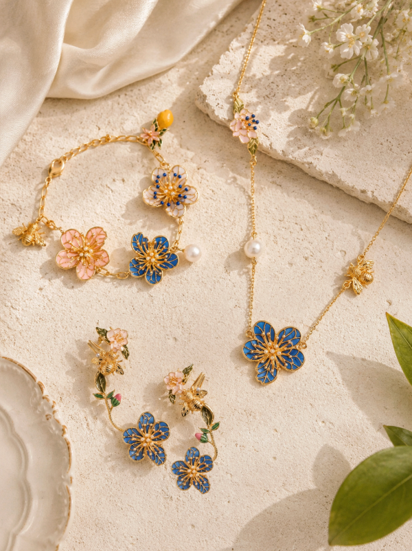 Wildflower Blossom collection featuring an ear cuff, bracelet, and necklace