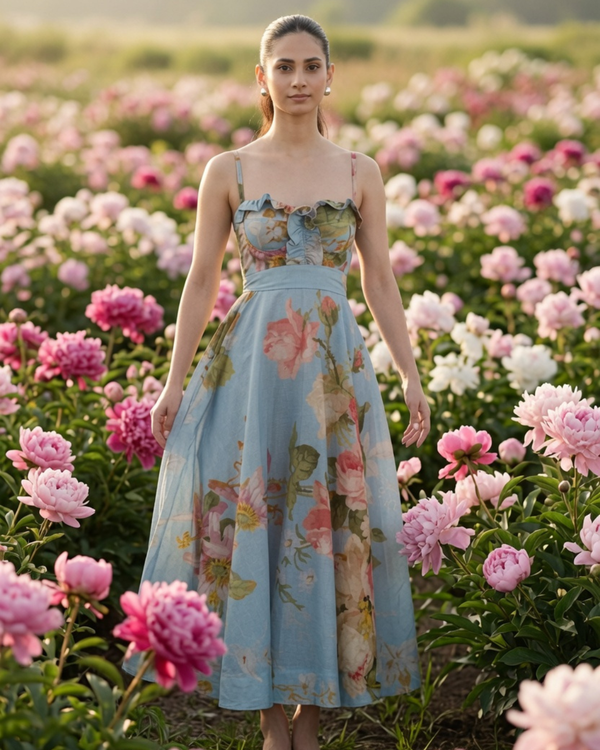 Woman wearing the Taffy Ruffle Dress in a garden 