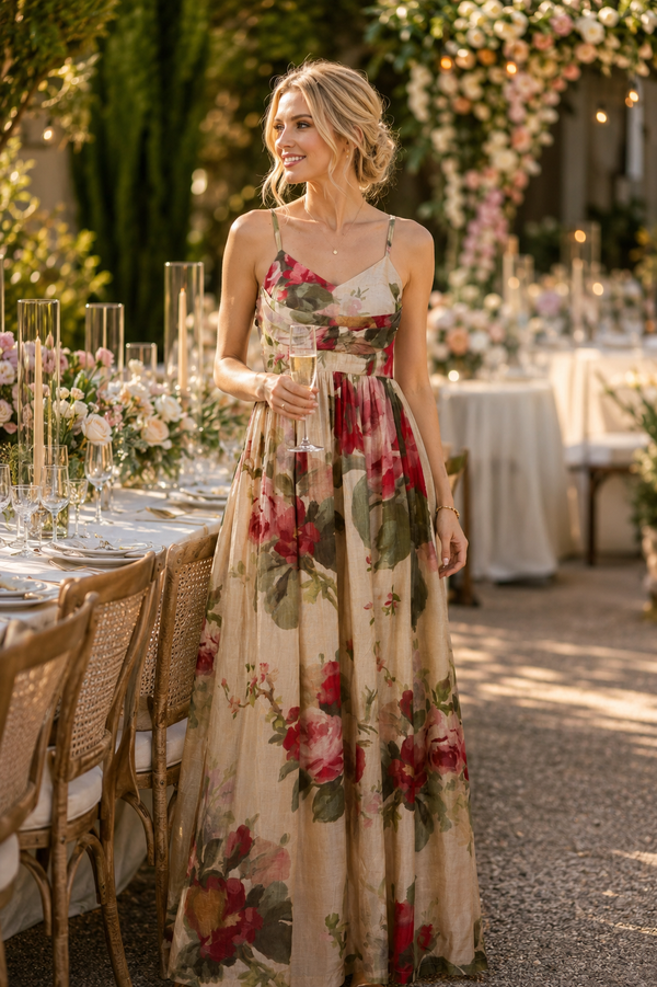Woman wearing the Roma Rose Maxi Dress at a decorated event table