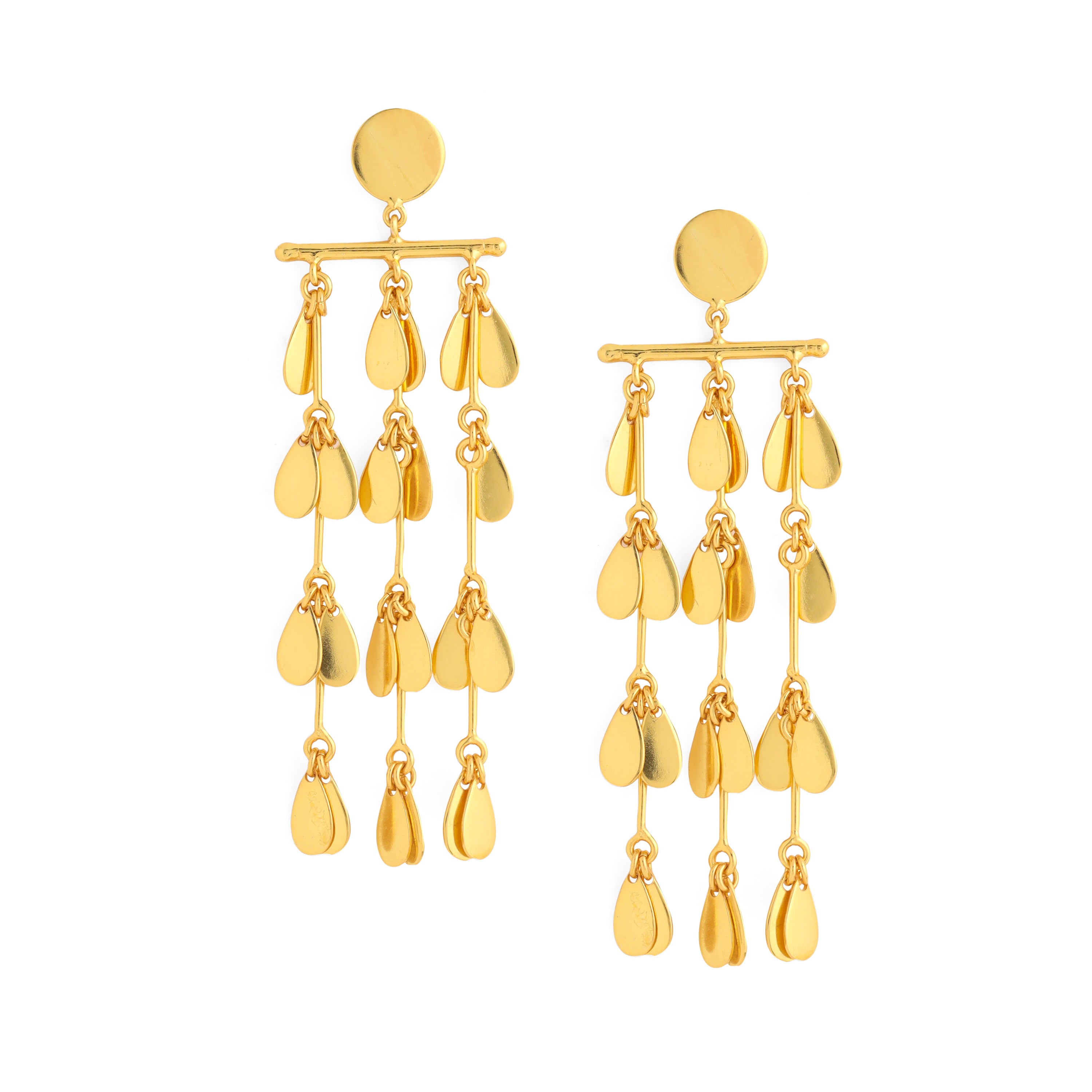 Rain Cascade Earrings_ 3.25" long teardrop Chandelier earrings made in brass and dipped in 22k gold