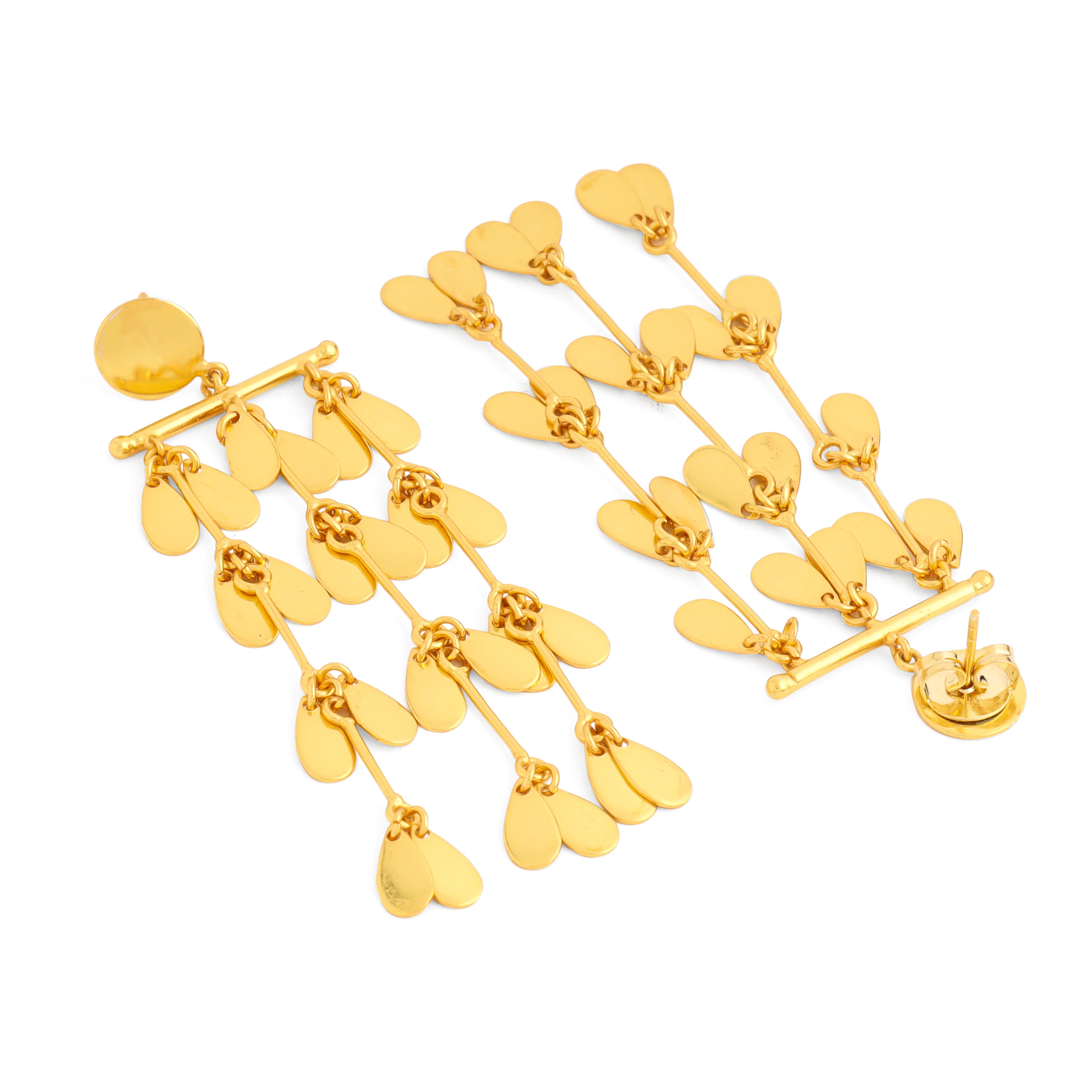 Rain Cascade Earrings_ 3.25" long teardrop Chandelier earrings made in brass and dipped in 22k gold, post closure picture