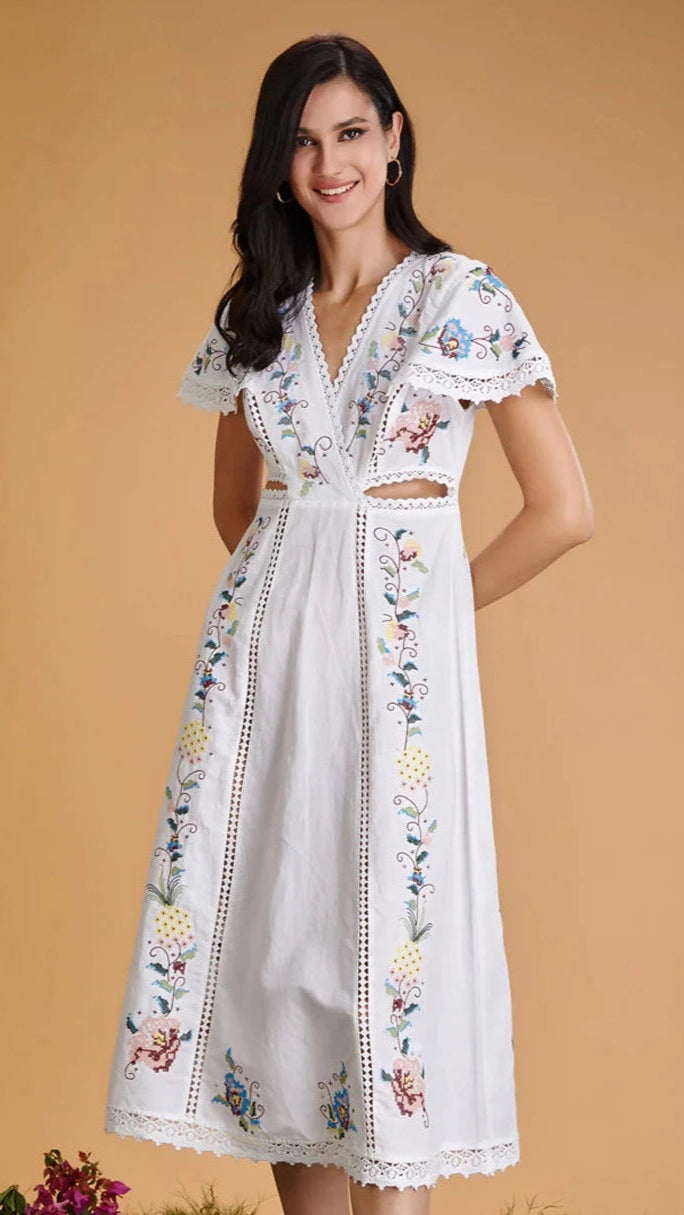 Vine Embroidered Midi Dress, white embroidered dress, dresses, front